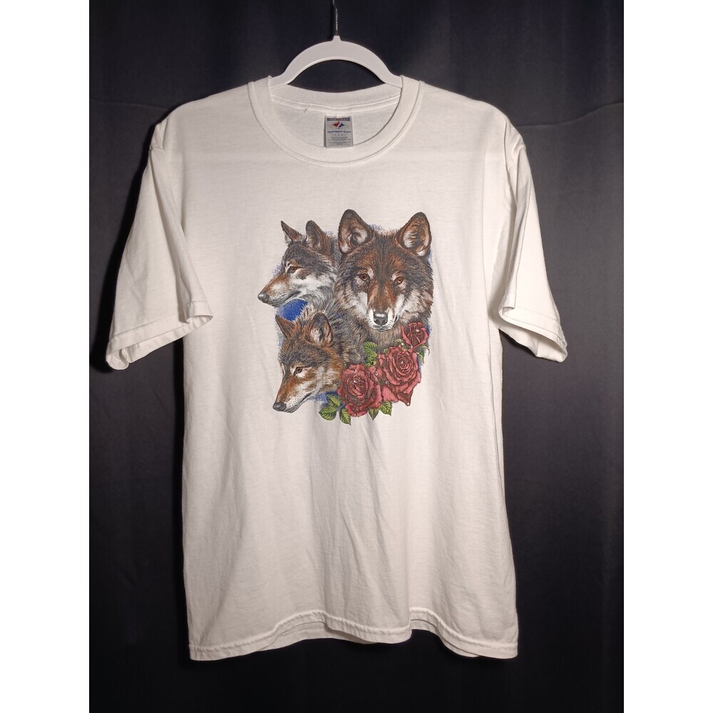 Wolf Trio Bling Eyes Roses White Graphic Shirt Women’s Large Streetwear Y2K Tee - Picture 1 of 5
